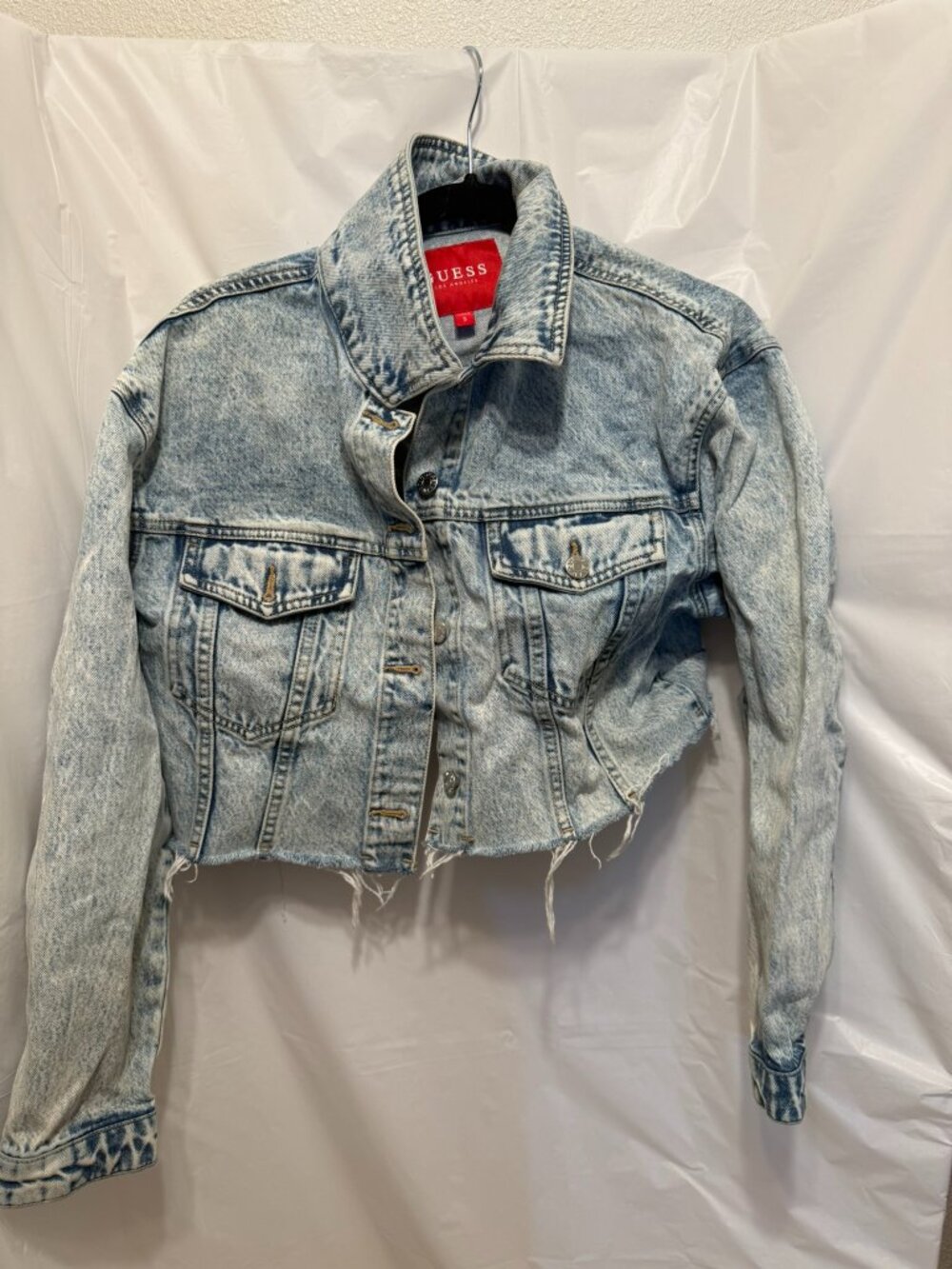 GUESS Los Angeles Acid Wash Raw Hem Cropped Denim Jacket S
